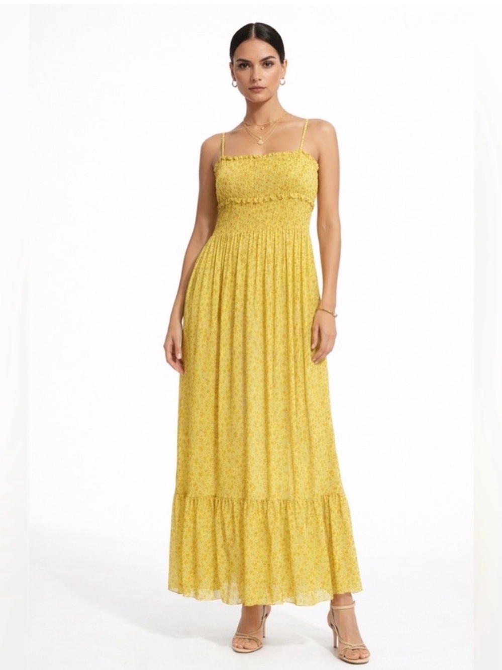 Smocked Bodice Yellow Floral Maxi Dress